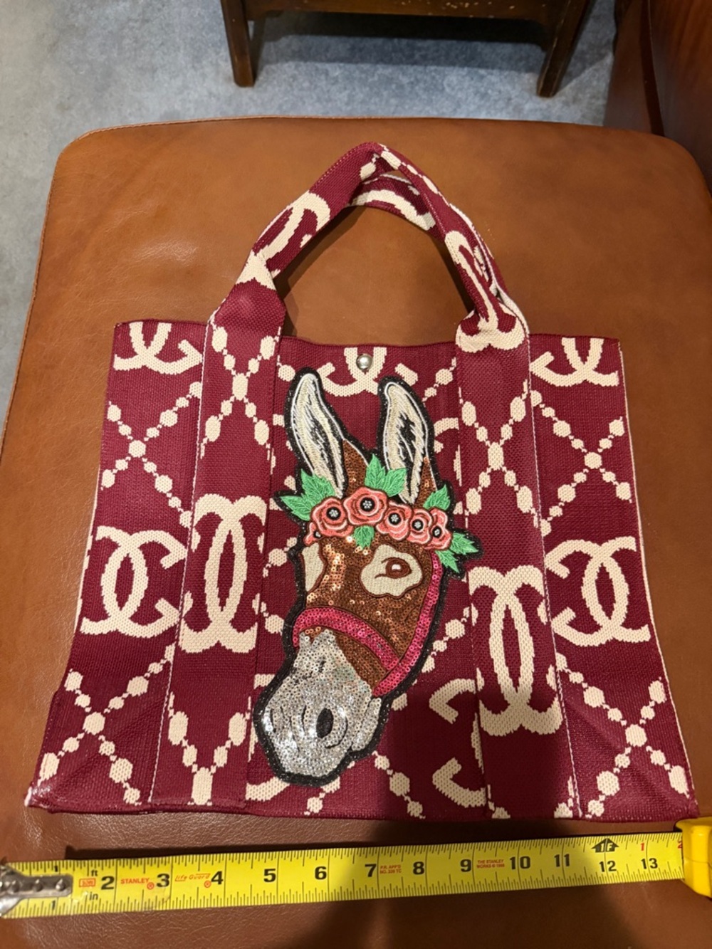 NWOT! Embroidered sequin Donkey Tote Bag - Burgundy Floral Accent